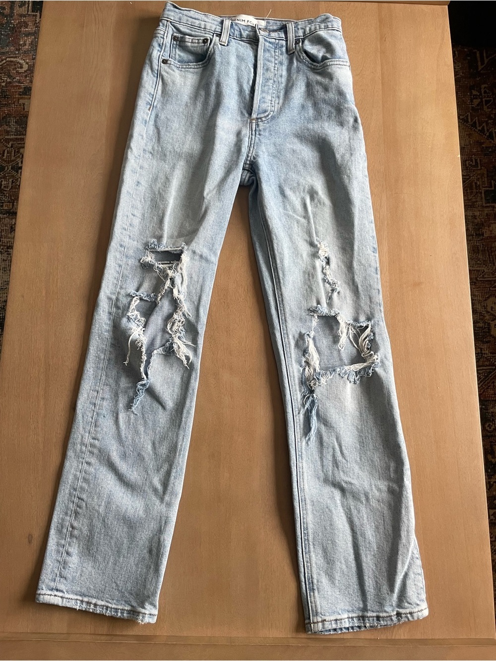 Denim Forum The Arlo High Rise Straight Button Fly Distressed Jeans